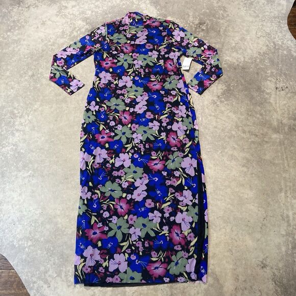 BAR III Dress Womens 0X Mock Neck Mesh Midi Floral Colorful Side Slit Unlined - Picture 1 of 11